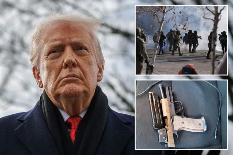 Collage of President Donald Trump, Border Patrol agents deploying tear gas against a crowd, and a handgun found on a suspect shot and killed by Border Patrol agents.