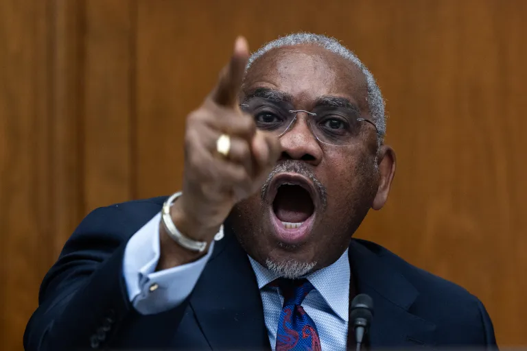 Democratic Rep. Gregory Meeks of New York engages in a heated exchange with Treasury Secretary Scott Bessent. Photo by Graeme Jennings.