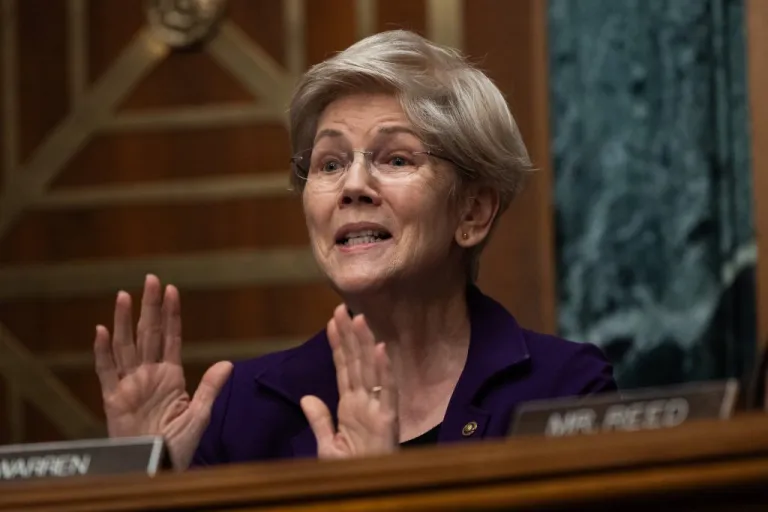 Sen. Elizabeth Warren (D-MA) gestures as she speaks at a Senate banking committee hearing.