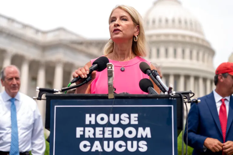 Rep. Mary Miller, R-Ill., speaks at a news conference held by members of the House Freedom Caucus on Capitol Hill in Washington, Thursday, July 29, 2021, to complain about Speaker of the House Nancy Pelosi, D-Calif. and masking policies. (AP Photo/Andrew Harnik)