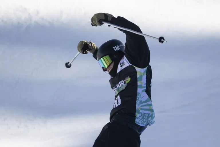 Hunter Hess of the United States reacts in the halfpipe finals during the Dew Tour freestyle skiing event.