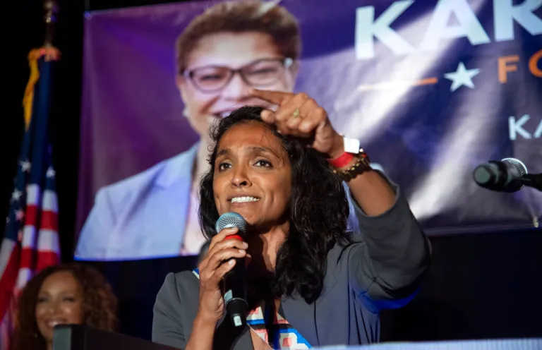 Los Angeles City Council Member Nithya Raman speaks during the Karen Bass election night party at the W Hotel Tuesday, June 7, 2022, in Hollywood.