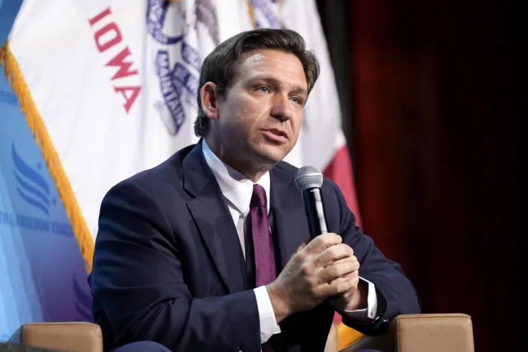 Republican presidential candidate Florida Gov. Ron DeSantis speaks at the Iowa Faith & Freedom Coalition's fall banquet, Saturday, Sept. 16, 2023, in Des Moines, Iowa. DeSantis' team this week announced it was moving roughly 20 of his Florida-based national campaign staff to Iowa. (AP Photo/Bryon Houlgrave, File)