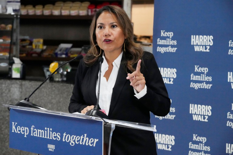 U.S. Rep. Veronica Escobar, D-Texas, speaks during a Democratic Party campaign event about former President Donald Trump's policies on separating families that crossed the U.S.-Mexico border during his administration, Wednesday, Oct. 16, 2024, in Doral, Fla. (AP Photo/Marta Lavandier)