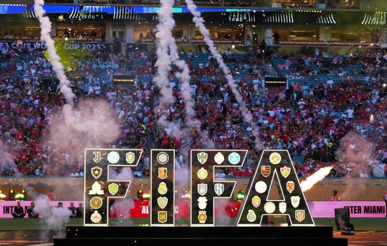 The FIFA logo is emblazoned with the club crests of competing teams prior to the Club World Cup group A soccer match between Al Ahly and Inter Miami in Miami, Fla., Saturday, June 14, 2025.