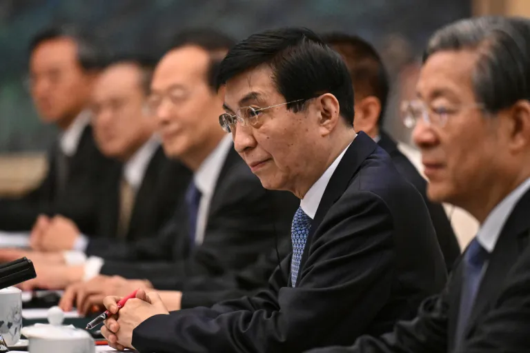 Chinese People's Political Consultative Conference Chairman Wang Huning, center, attends a meeting with President of the French National Assembly Yael Braun-Pivet at the Great Hall of the People in Beijing.