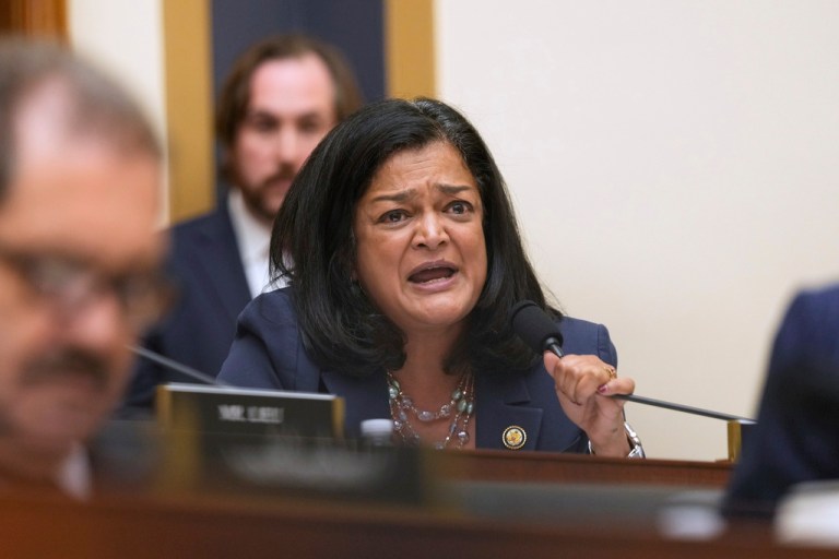 Rep. Pramila Jayapal, D-Wash., speaks with FBI Director Kash Patel as he appears before the House Judiciary Committee, on Capitol Hill in Washington, Wednesday, Sept. 17, 2025.  (AP Photo/Mark Schiefelbein)