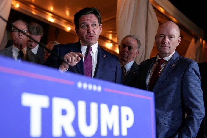 FILE - Florida Gov. Ron DeSantis speaks at a meeting with Republican governors and President-elect Donald Trump, at Mar-a-Lago, in Palm Beach, Fla., Jan. 9, 2025. (AP Photo/Evan Vucci, File)