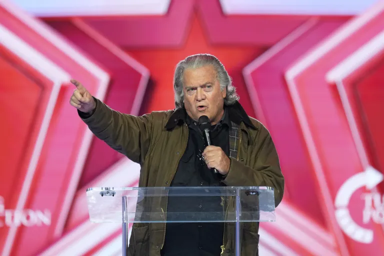 Steve Bannon speaks during Turning Point USA's AmericaFest 2025, Friday, Dec. 19, 2025, in Phoenix. (AP Photo/Ross D. Franklin)