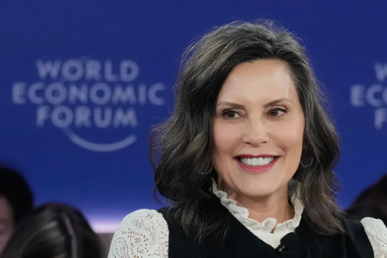Michigan Gov. Gretchen Whitmer speaks during the Annual Meeting of the World Economic Forum in Davos, Switzerland, Wednesday, Jan. 21, 2026. (AP Photo/Markus Schreiber)