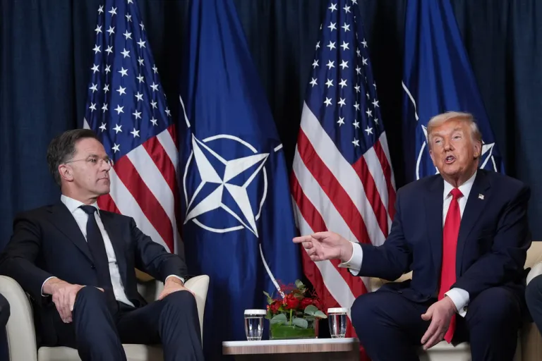 President Donald Trump, right, meets with NATO Secretary General Mark Rutte on the sidelines of the Annual Meeting of the World Economic Forum in Davos, Switzerland, Jan. 21, 2026. (AP Photo/Evan Vucci, File)