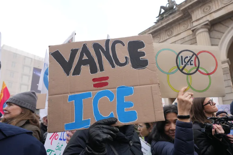 People take part in an anti-Immigration and Customs Enforcement demonstration, ahead of the 2026 Winter Olympics, in Milan, Italy.