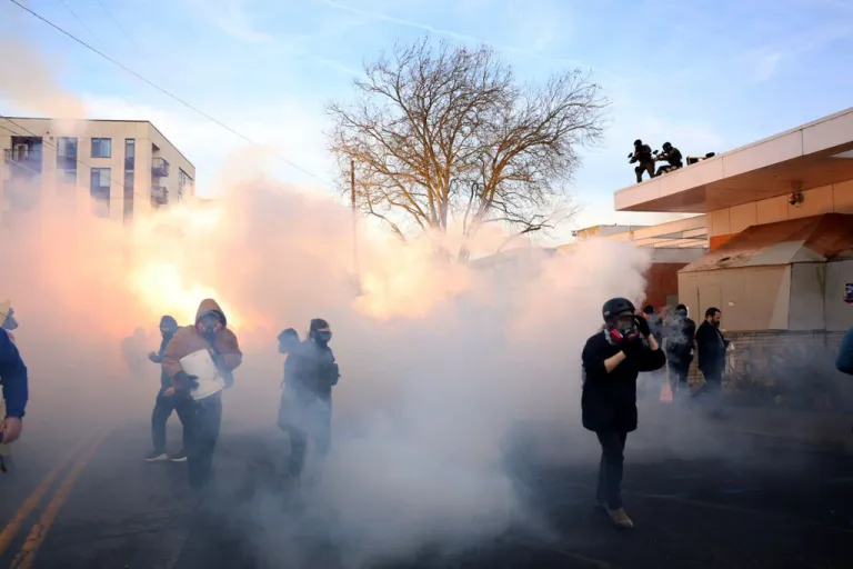 Federal agents lob tear gas and flash bangs at protesters in front of an Immigration and Customs Enforcement building.