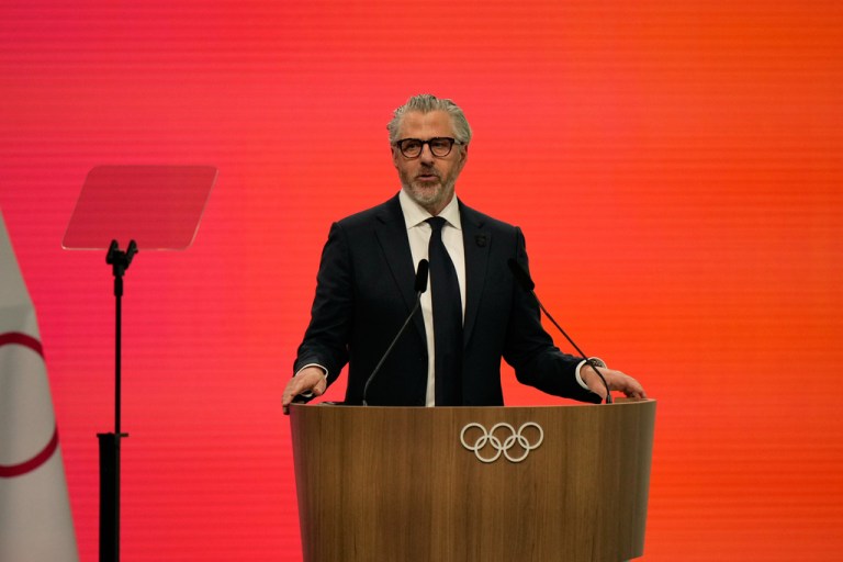 Casey Wasserman, Chairman of the Los Angeles Organizing Committee for the 2028 Olympic and Paralympic Games speaks during an IOC meeting ahead of the 2026 Winter Olympics, in Milan, Italy, Tuesday, Feb. 3, 2026.
