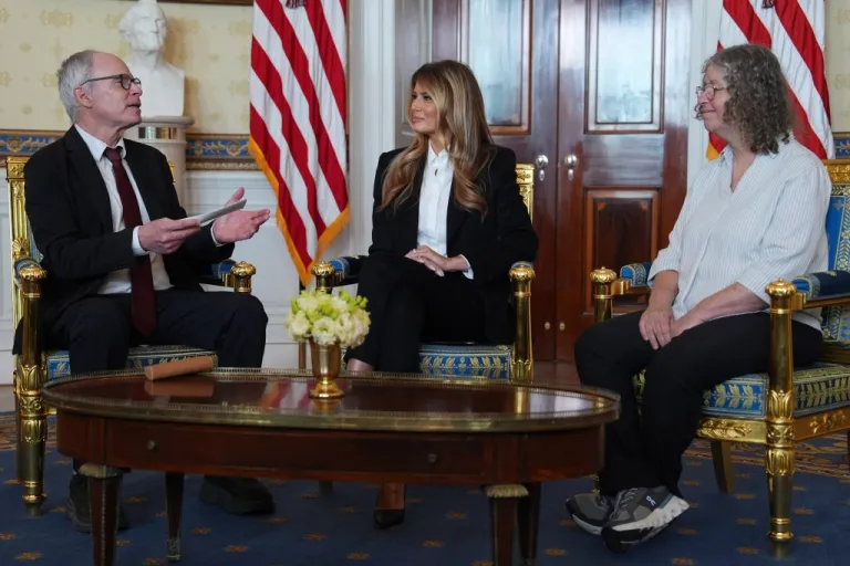First lady Melania Trump meets with freed American-Israeli hostage Keith Siegel and his wife Aviva at the White House, Wednesday, Feb. 4, 2026, in Washington.