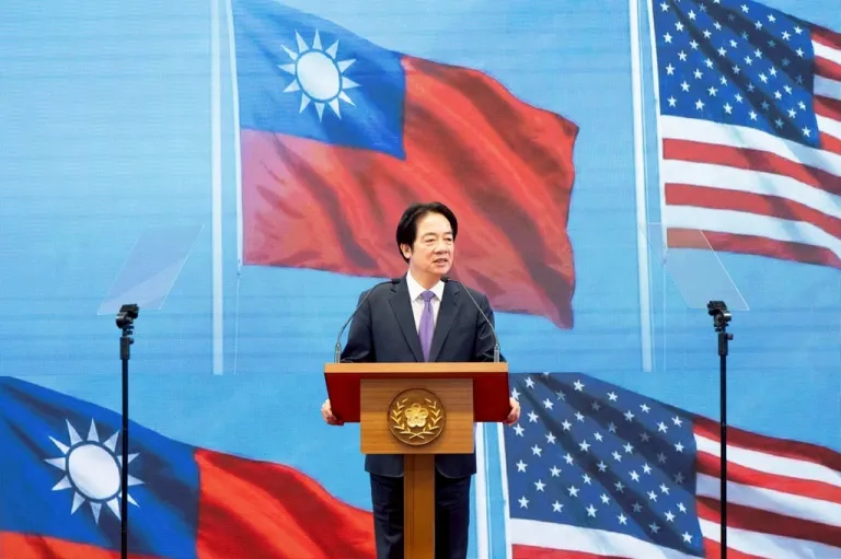 In this photo released by the Taiwan Presidential Office, Taiwan's President Lai Ching-te speaks during a press conference on 