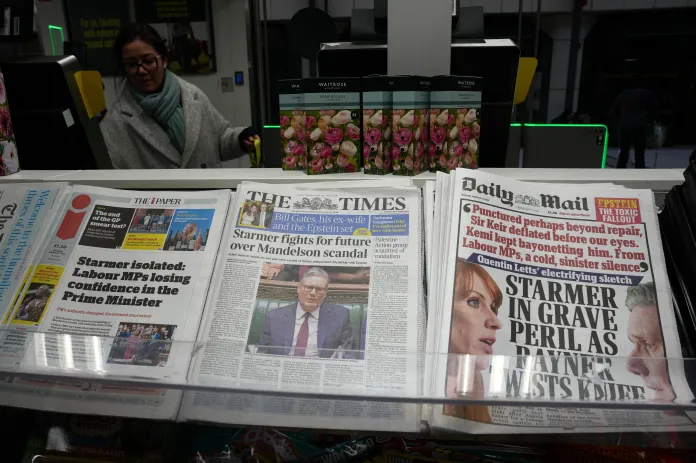Newspapers on sale show headlines relating to the Epstein files in London.