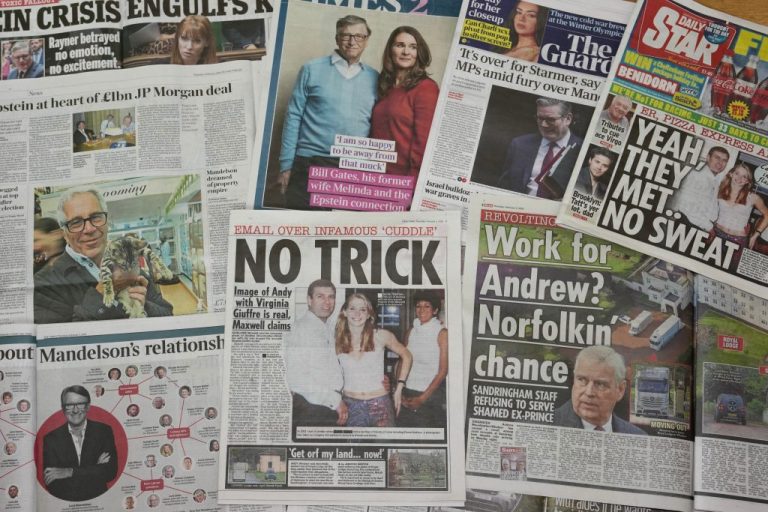 Various newspapers run headlines about the unfolding Jeffrey Epstein scandal in Britain.