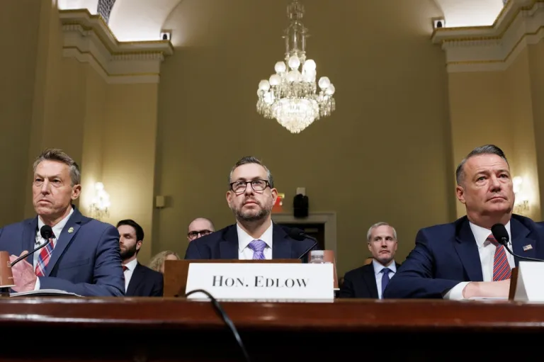 From left, Rodney Scott, commissioner of Customs and Border Protection, Joseph Edlow, director of U.S. Citizenship and Immigration Services and Todd Lyons, acting director of the Immigration and Customs Enforcement, testify during a House Committee on Homeland Security oversight hearing of the Department of Homeland Security: ICE CBP and USCIS, on Capitol Hill, Tuesday, Feb. 10, 2026, in Washington.