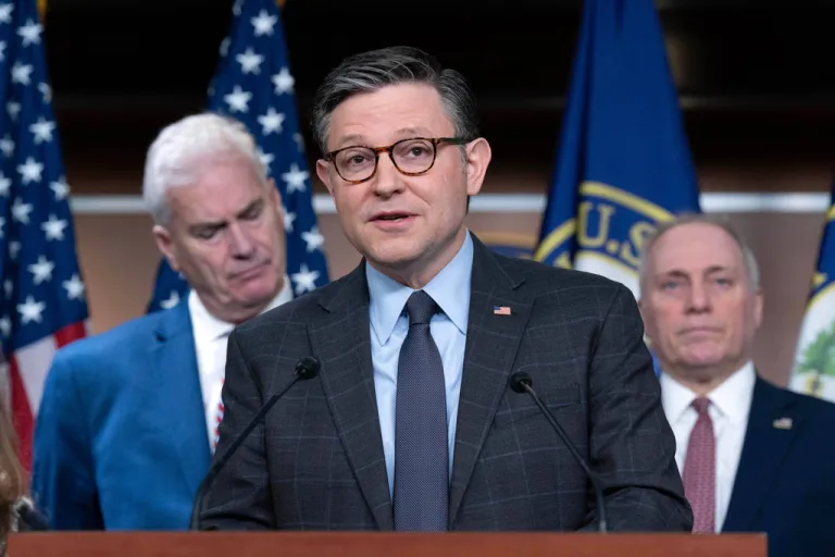 Speaker of the House Mike Johnson, R-La., flanked from left, Majority Whip Tom Emmer, R-Minn., and Majority Leader Steve Scalise, R-La., speaks during a news conference at Capitol Hill, Tuesday, Feb. 10, 2026, in Washington. (AP Photo/Jose Luis Magana)