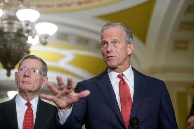 Senate Majority Leader John Thune, R-S.D., right, is joined by Sen. John Barrasso, R-Wyo., left, during the Senate Republican policy luncheon news conference at the Capitol, Tuesday, Feb., 10, 2026, in Washington.
