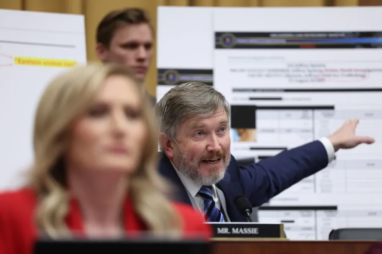 Rep. Thomas Massie (R-KY), questions Attorney General Pam Bondi as she testifies before a House Judiciary Committee oversight hearing on Capitol Hill in Washington, Wednesday, Feb. 11, 2026, in Washington. (AP Photo/Tom Brenner)