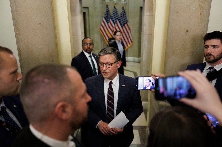 House Speaker Mike Johnson, R-La., speaks to reporters outside his office on Capitol Hill in Washington, Wednesday, Feb. 11, 2026, in Washington. (AP Photo/Tom Brenner)