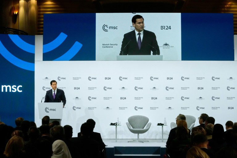 Secretary of State Marco Rubio speaks during the Munich Security Conference in Munich, Germany, on Feb. 14, 2026.