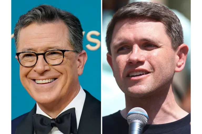 This photo combination shows Stephen Colbert, left, in Los Angeles, Sept. 12, 2022 and Texas Rep. James Talarico, Aug. 16, 2025, in Chicago.