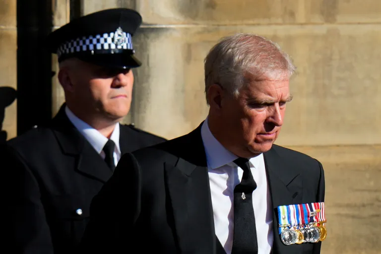 Former Prince Andrew leaves St. Giles Cathedral after the arrival of the coffin containing the remains of his mother, Queen Elizabeth, in Edinburgh, Scotland, Sept. 12, 2022. (AP Photo/Petr David Josek, File)