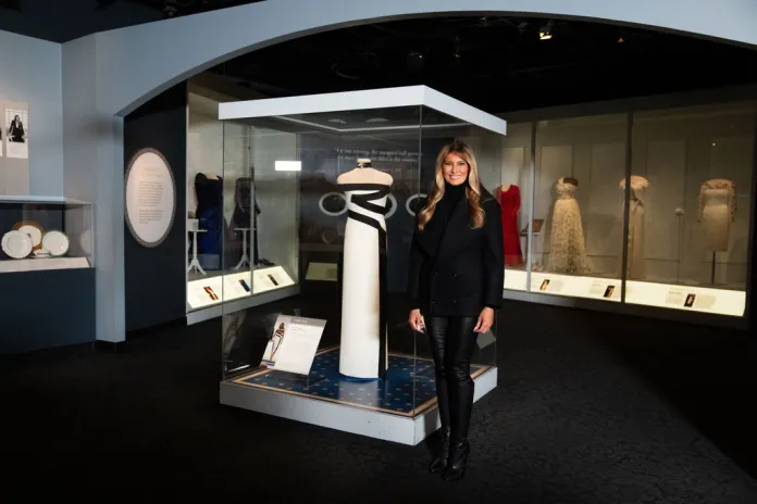 First lady Melania Trump presents her 2025 inaugural ball gown to the Smithsonian National Museum of American History, Friday, Feb. 20, 2026, in Washington. (AP Photo/Allison Robbert)