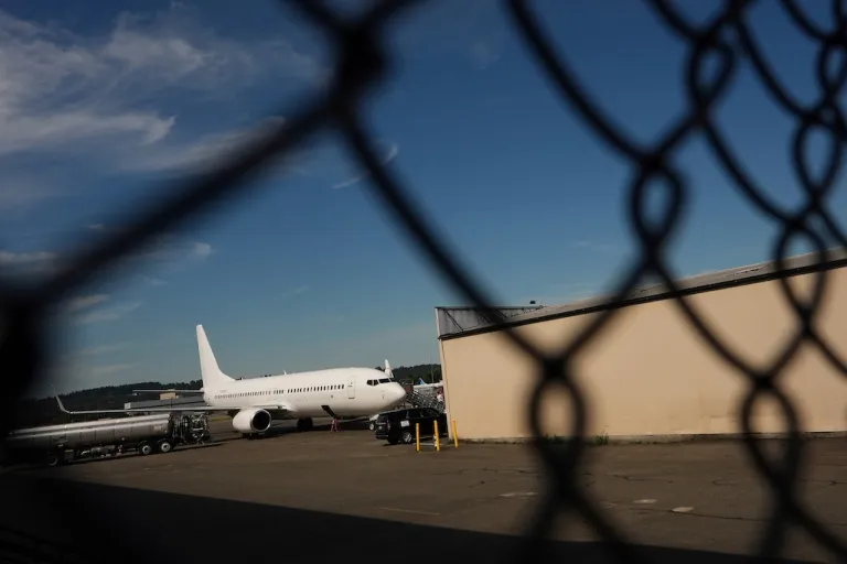 A Immigration and Customs Enforcement flight operates out of King County International Airport-Boeing Field, Aug. 23, 2025, in Seattle. (AP Photo/Lindsey Wasson, File)