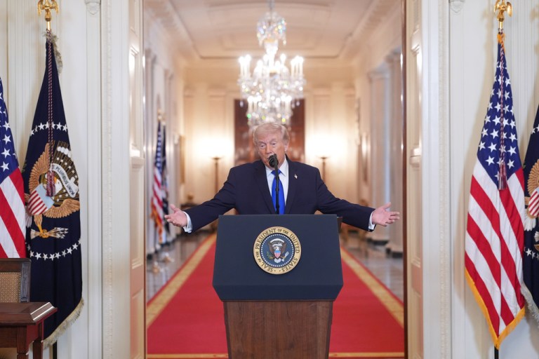 President Donald Trump speaks during an event in the East Room of the White House, Monday, Feb. 23, 2026, in Washington