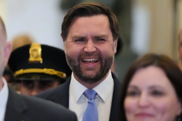 Vice President JD Vance arrives before President Donald Trump delivers the State of the Union address to a joint session of Congress in the House chamber at the U.S. Capitol in Washington, Tuesday, Feb. 24, 2026.