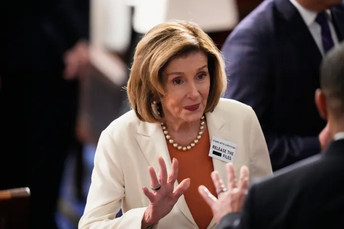 Speaker Emerita Nancy Pelosi is seen before President Donald Trump delivers the State of the Union address to a joint session of Congress in the House chamber at the U.S. Capitol in Washington, Tuesday, Feb. 24, 2026. (AP Photo/Alex Brandon)