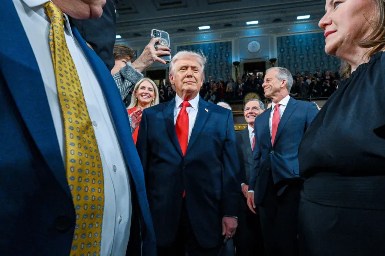 President Donald Trump enters the House Chamber before delivering the State of the Union address to a joint session of Congress in the House chamber at the U.S. Capitol in Washington, Tuesday, Feb. 24, 2026.
