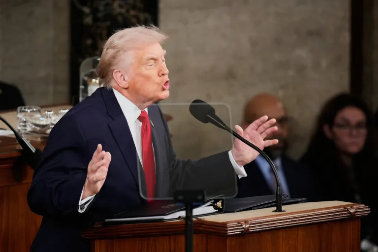 President Donald Trump delivers his State of the Union address to a joint session of Congress in the House chamber at the U.S. Capitol in Washington, Tuesday, Feb. 24, 2026.