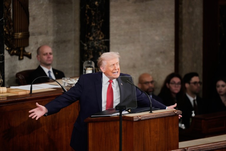 President Donald Trump delivers his State of the Union address to a joint session of Congress in the House chamber at the U.S. Capitol in Washington, Tuesday, Feb. 24, 2026.