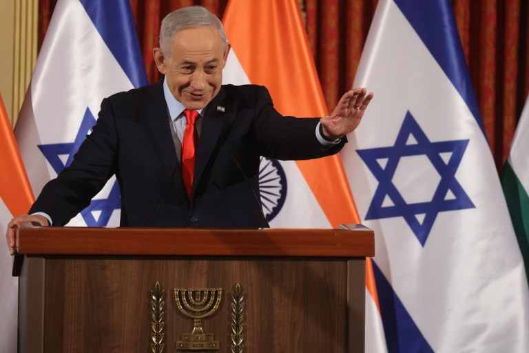 Israel's Prime Minister Benjamin Netanyahu speaks during a press conference with his Indian counterpart Narendra Modi , in Jerusalem, Thursday, Feb. 26, 2026.