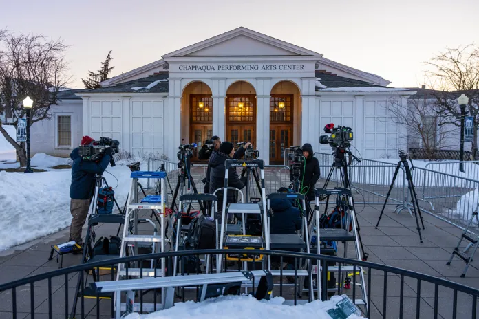 Members of the media outside the Chappaqua Performing Arts Center.
