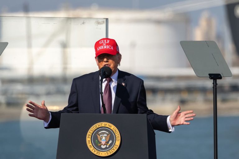 President Donald Trump speaks at the Port of Corpus Christi in Corpus Christi, Texas, Friday, Feb. 27, 2026. (AP Photo/Michael Gonzalez)