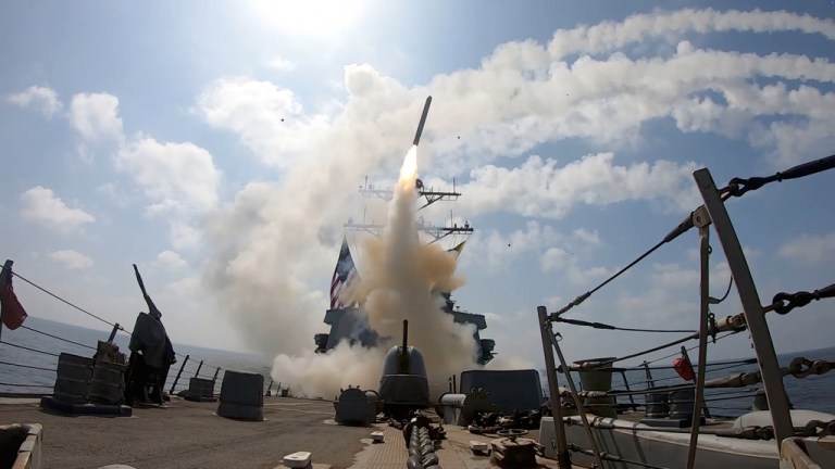This image from video provided by U.S. Central Command shows a missile being launched from a U.S. Navy ship in support of Operation Epic Fury on Saturday, Feb. 28, 2026.