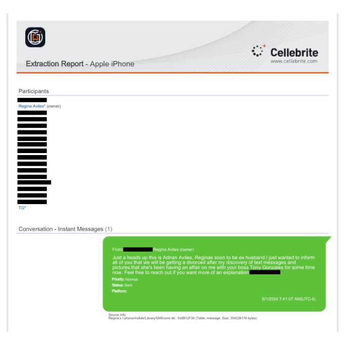 Text message from Adrian Aviles.