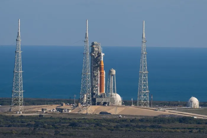 The Artemis II Space Launch System rocket with the Orion spacecraft atop a mobile launcher at Launch Complex 39B.