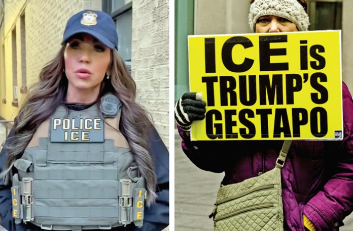At left, Secretary of the Department of Homeland Security Kristi Noem in Nogales, Arizona, Feb. 4, 2026; at right, a protester in Manhattan, Feb. 10, 2026. (Noem, Kristi Noem via X; protester, Ross D. Franklin/AP)
