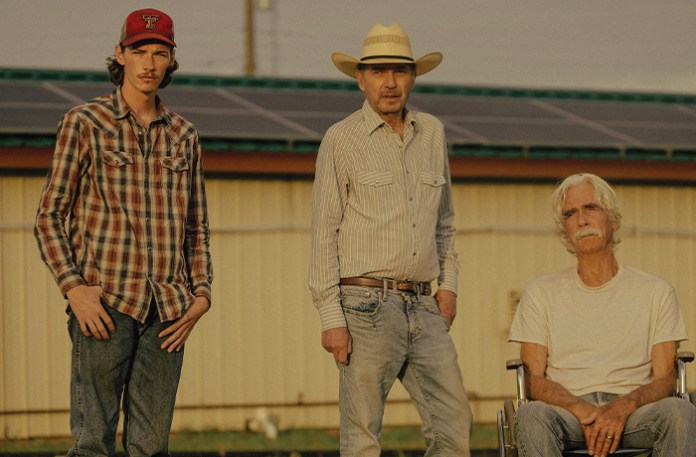 Jacob Lofland as Cooper Norris, Billy Bob Thornton as Tommy Norris and Sam Elliott as T.L. Norris in Landman. (Emerson Miller/Paramount+)