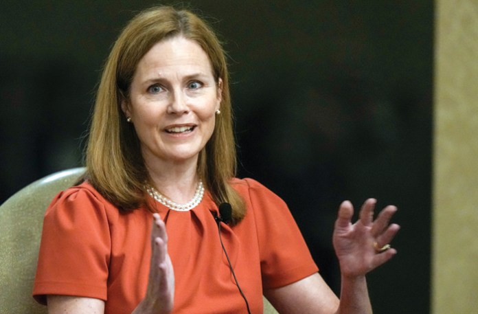 Amy Coney Barrett, Supreme Court Justice and mother of seven, speaks in Lake Geneva, Wisconsin, Aug. 28, 2023. (Morry Gas/AP)