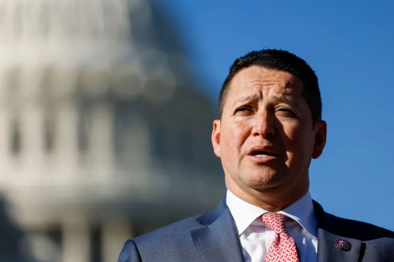 U.S. Rep. Tony Gonzales (R-TX) speaks alongside U.S. Rep. Marjorie Taylor Greene (R-GA) at a news conference on border security outside of the U.S. Capitol Building on November 14, 2023 in Washington, DC. The House Republicans spoke to reporters about the tabled impeachment motion for U.S. Homeland Security Secretary Alejandro Mayorkas and the southern border. (Photo by Anna Moneymaker/Getty Images)