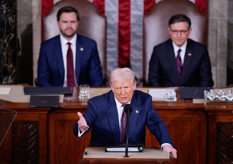 President Donald J Trump addresses a joint session of Congress as Vice President JD Vance and Speaker of the House Mike Johnson (R-LA) listen in the Capitol building's House chamber on Tuesday, March 04, 2025 in Washington, DC. (Photo by Jabin Botsford/The Washington Post via Getty Images)