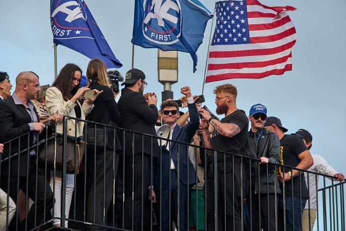 Far-right political figure Nick Fuentes rallies outside Turning Point USA’s The People’s Convention on June 15, 2024 in Detroit, Michigan. Fuentes and his supporters, known as “groypers”, held a rally outside after being ejected from the Turning Point event. (Photo by Dominic Gwinn/Getty Images)